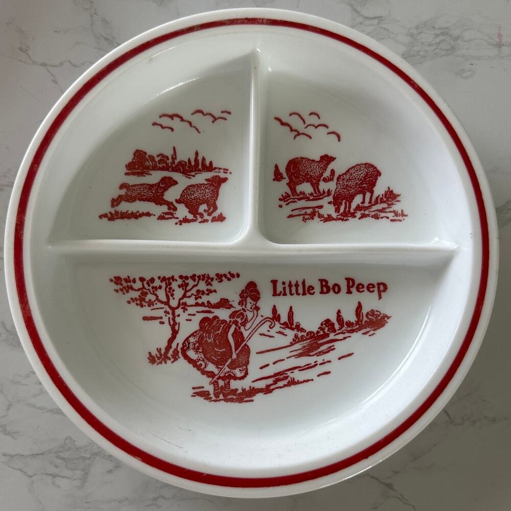 Vintage Fire King Vitrock Little Bo Peep Divided Child Plate Milk Glass Red 1940